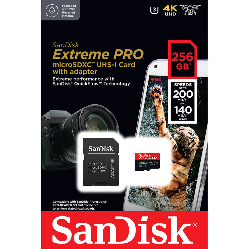 SanDisk Extreme Pro 256GB MicroSDXC (200MB/s) UHS-I (U3 / V30 / A2 / C10) muistikortti