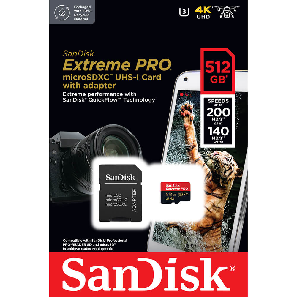 SanDisk Extreme Pro 512GB MicroSDXC (200MB/s) UHS-I (U3 / V30 / A2 / C10) muistikortti