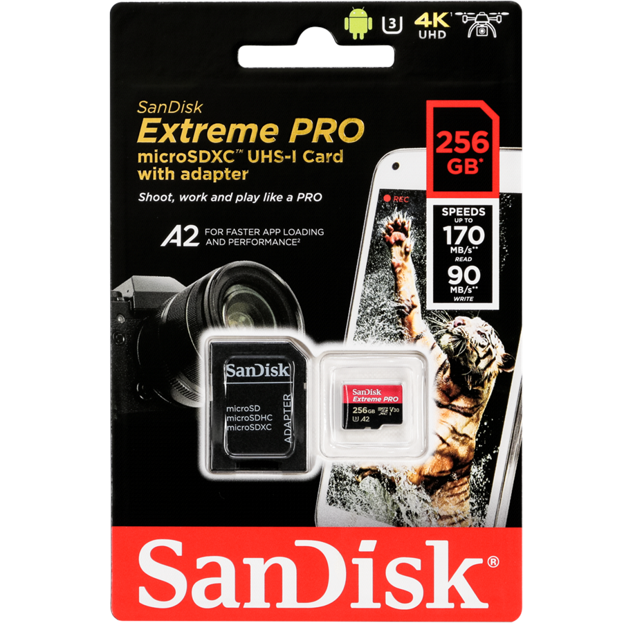 SanDisk Extreme Pro 256GB MicroSDXC (170MB/s) UHS-I (U3 / V30 / A2 / C10) muistikortti