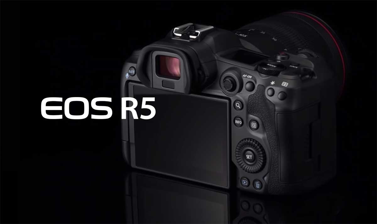 Canon EOS R5 takaa, kosketuspainike poissa ja takaisin tulleet kontrollit kuten rulla ja joystick