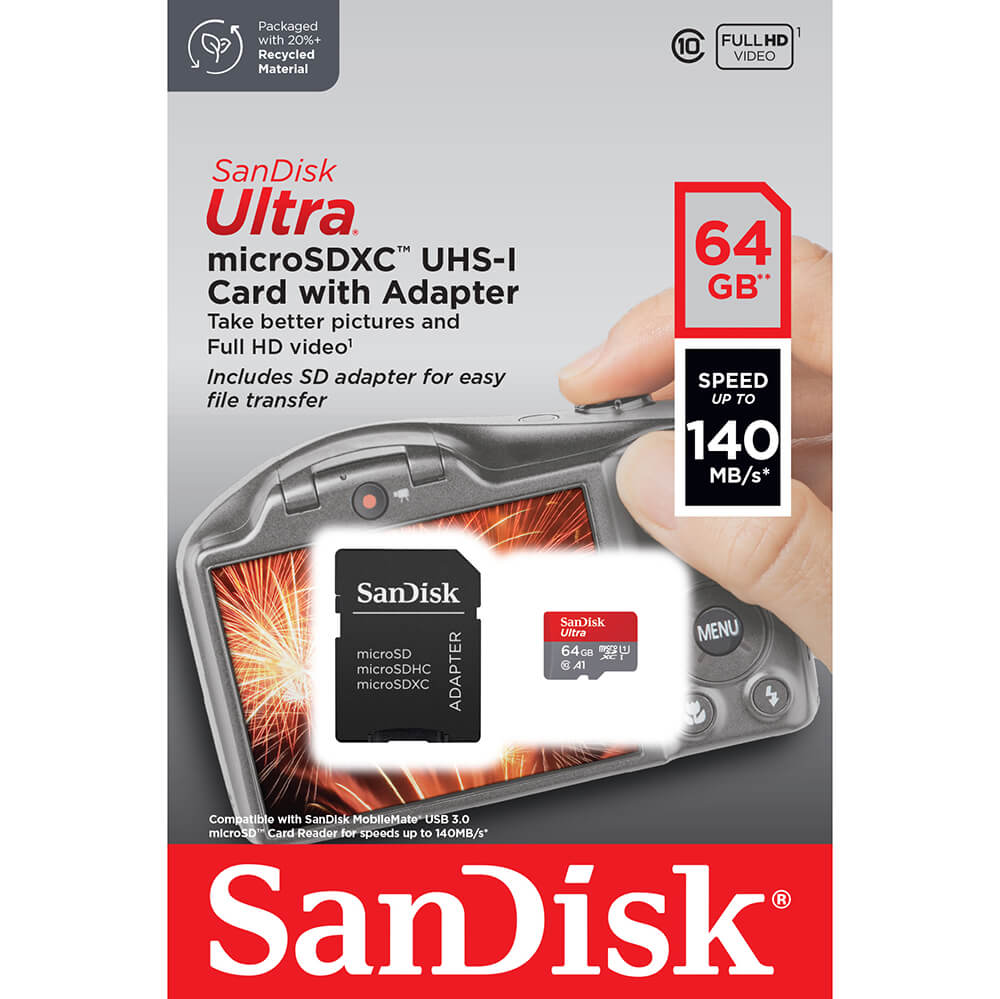 SANDISK Ultra 64GB MicroSDXC140MB/s UHS-I + SD adapteri
