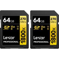Lexar Pro 64GB SDXC (1800x, 180Mb/s) UHS-II (U3 / V60 / C10) 2kpl muistikortteja